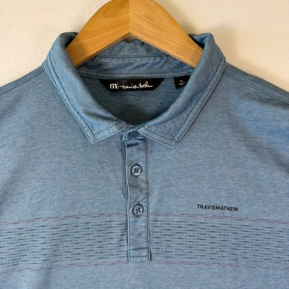 TravisMathew Mens XL Blue Heathered Striped Golf Polo Short Sleeve Shirt